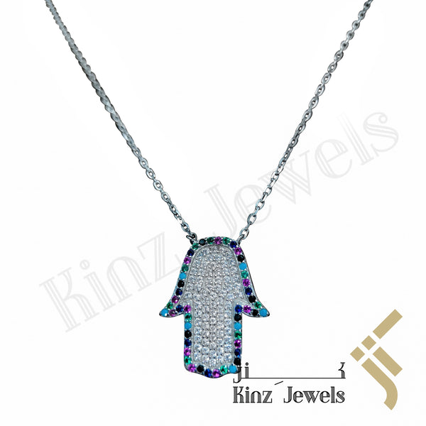 Sterling Silver Hamsa Multi Gemstones And Cubic Zircon Necklace