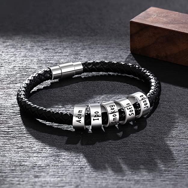 Personalized Leather Men Bracelets Silver Name Beads Charm Bracelets Hand Stamped Name ID
