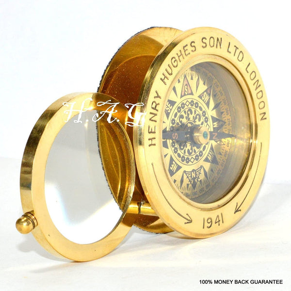 Nautical World Brass Compass with Magnifying Glass – Brass Compass