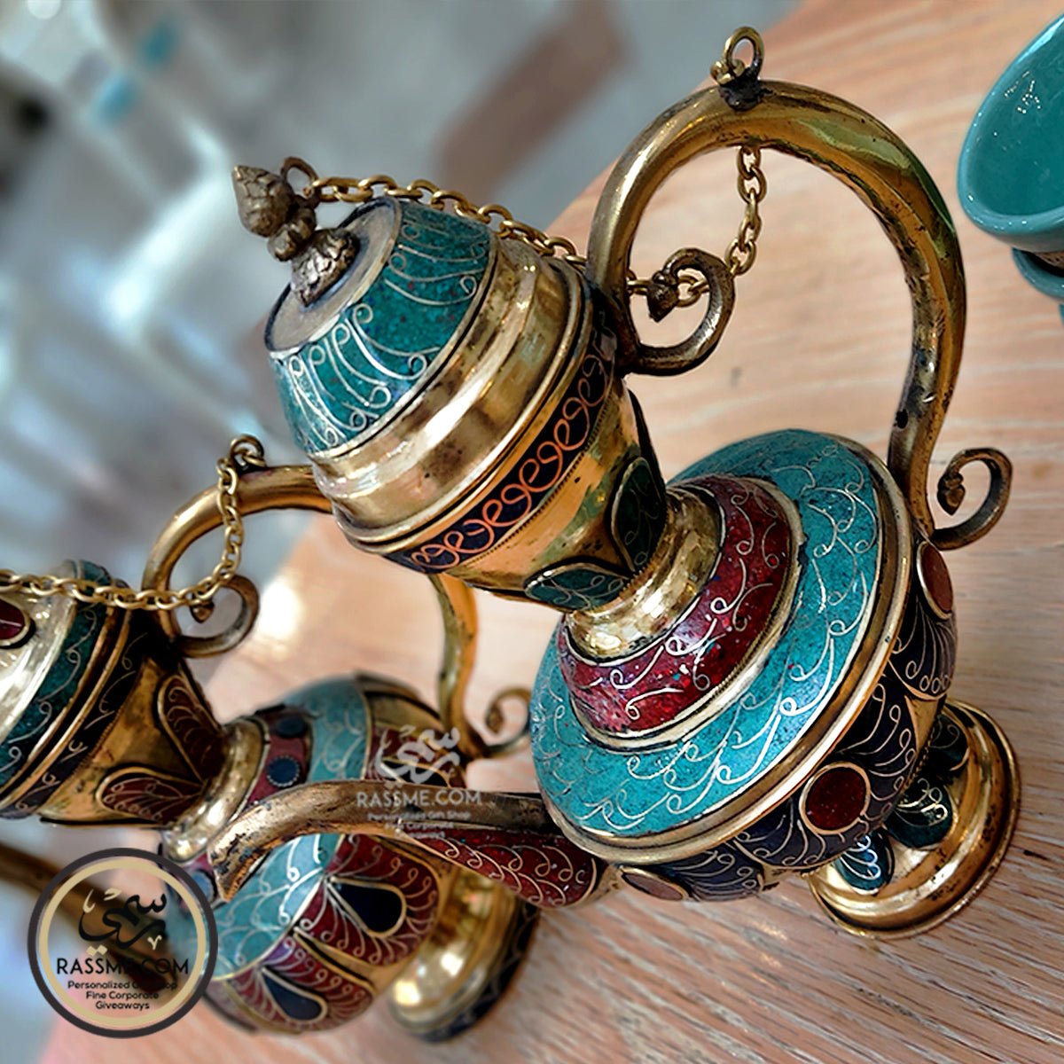 Nepalese Pure Copper Gemstone Lapis, Turquoise & Coral Teapot