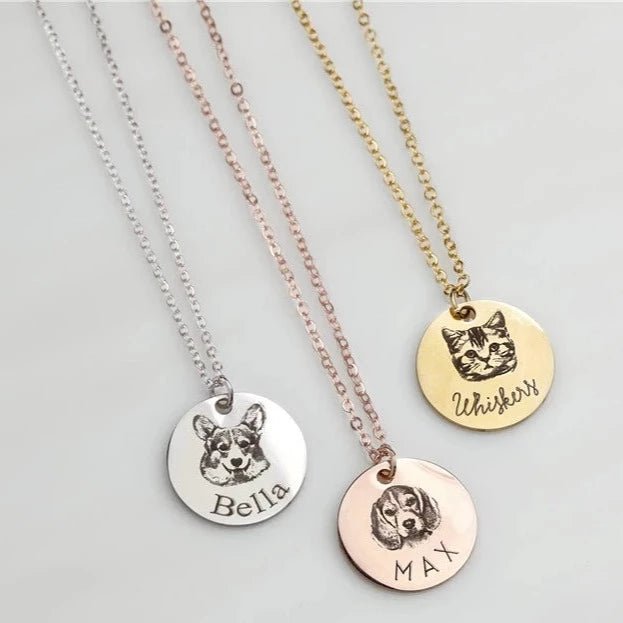 Animal portrait personalized necklace Stainless Steel Engraved Disc Pendants Pet Necklace Custom Memorial Day Jewelry