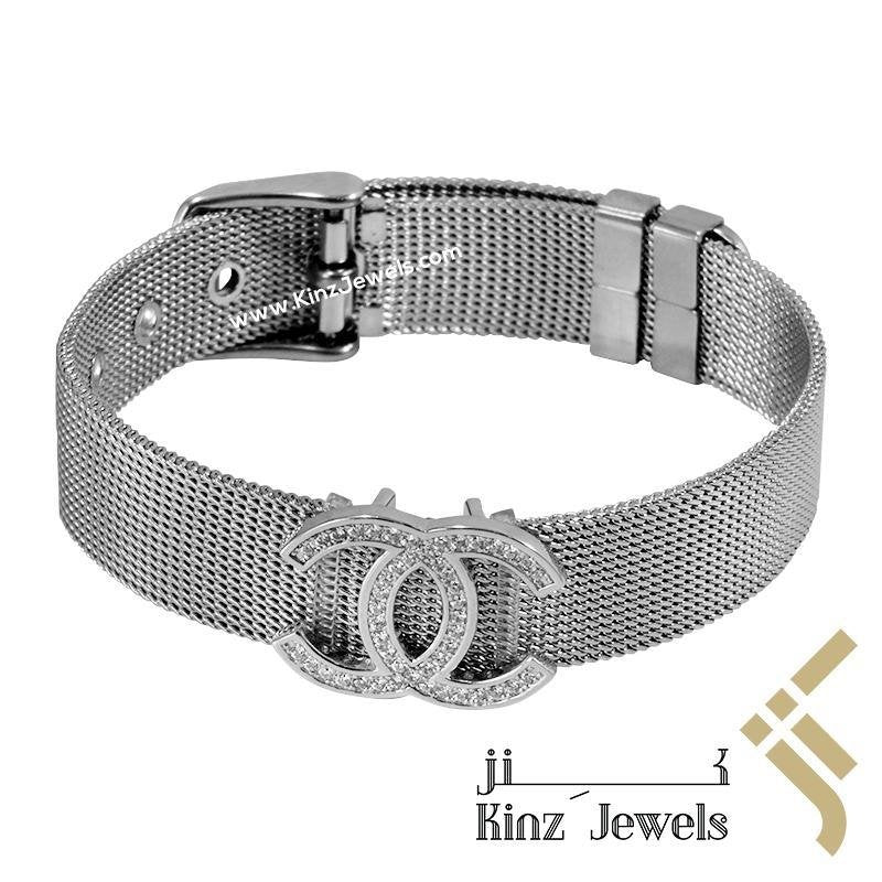 Designer Inspired Silver Mesh Belt Buckle Bracelet