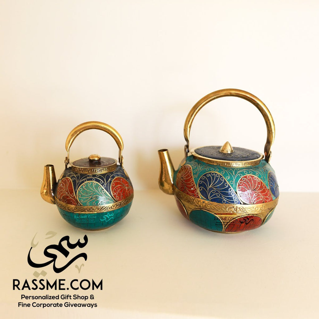 Nepalese Pure Copper Gemstone Lapis, Turquoise & Coral Teapot Round Set