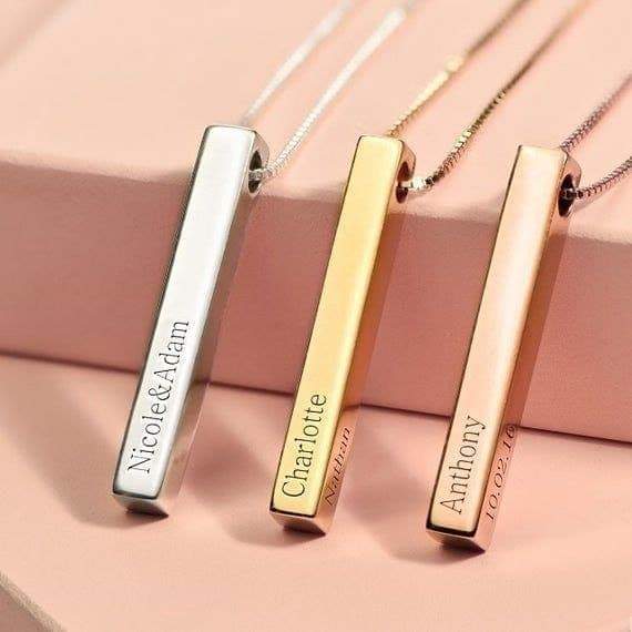 Gold Vermeil Personalized Genuine Silver 3D Vertical Bar Necklace 4 Sided