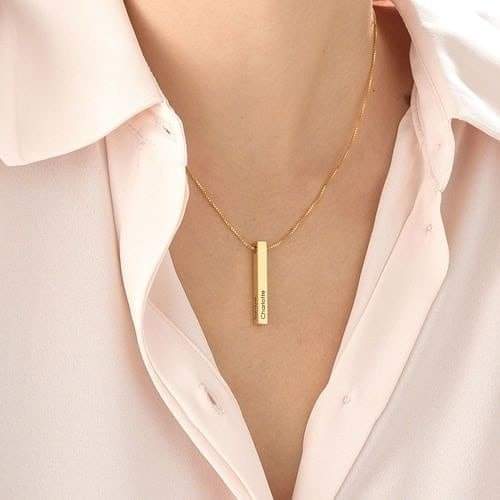 Gold Vermeil Personalized Genuine Silver 3D Vertical Bar Necklace 4 Sided