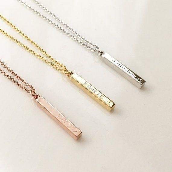 Gold Vermeil Personalized Genuine Silver 3D Vertical Bar Necklace 4 Sided