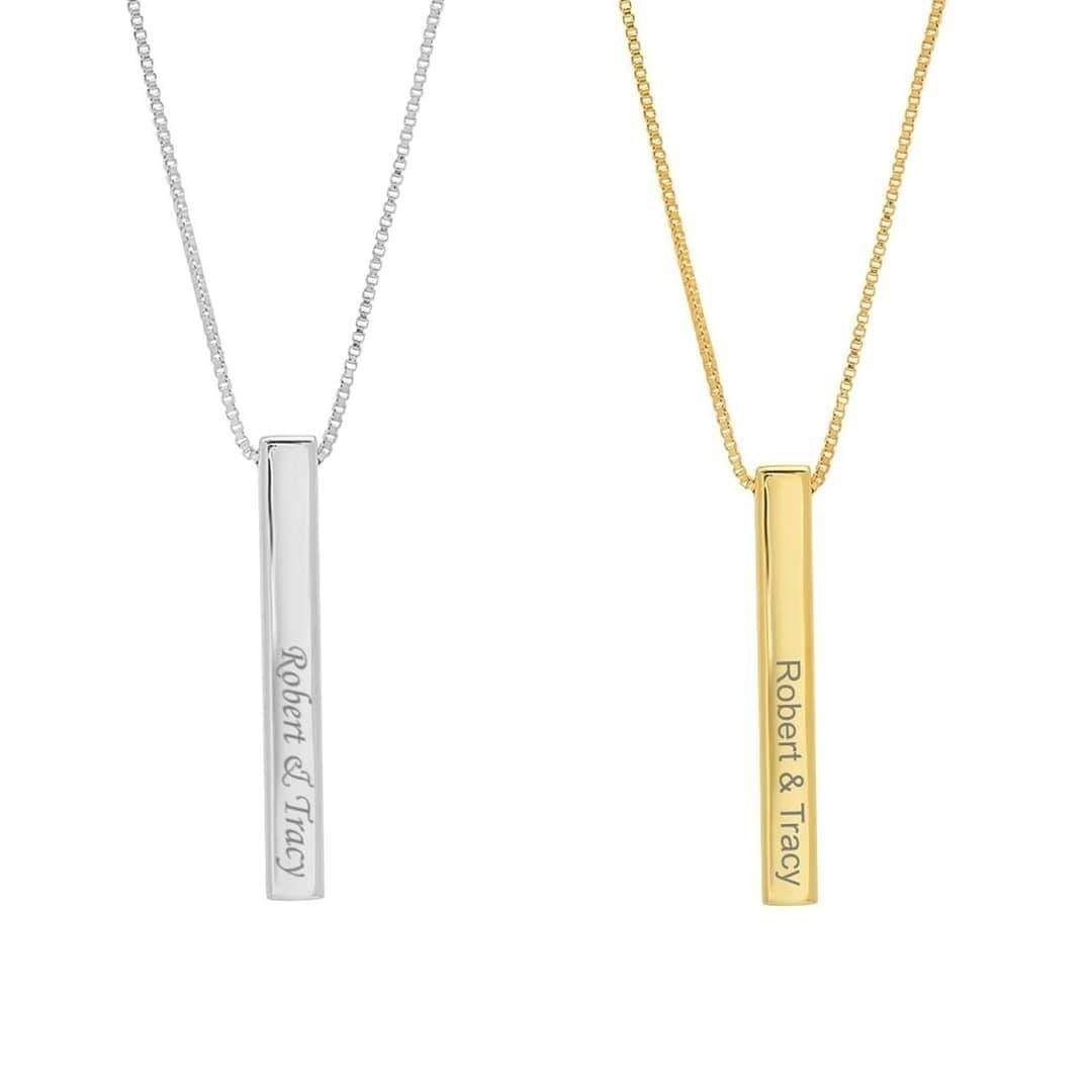 Gold Vermeil Personalized Genuine Silver 3D Vertical Bar Necklace 4 Sided
