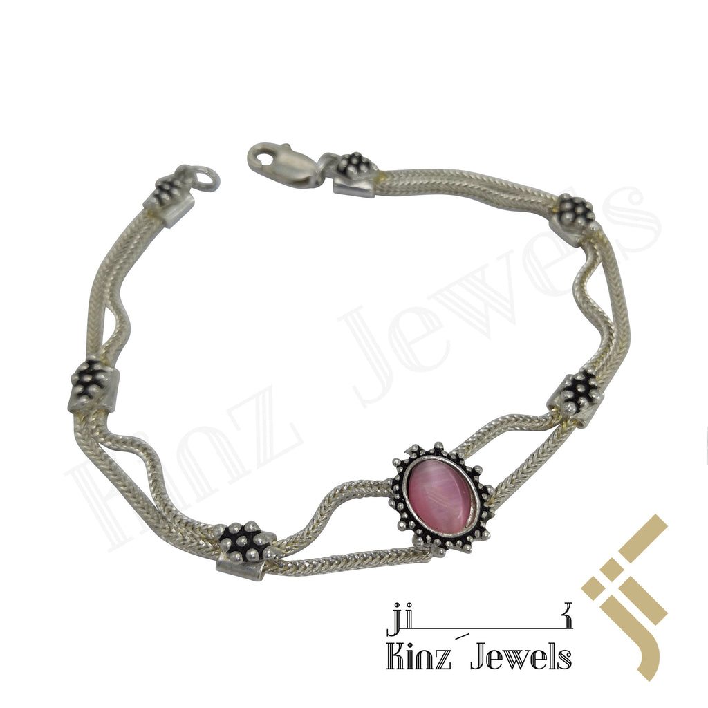 Sterling Silver Vintage Pink Cat's Eye Stone Bracelet