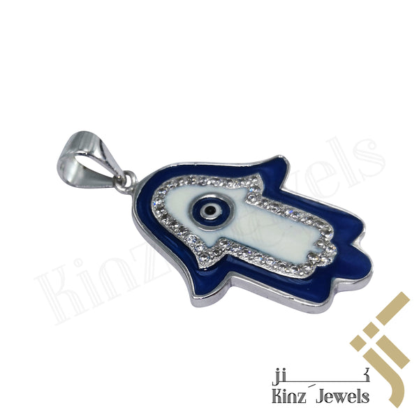 Sterling Silver Hamsa Evil Eye Enamel Blue and White Zircon Frame Pendant