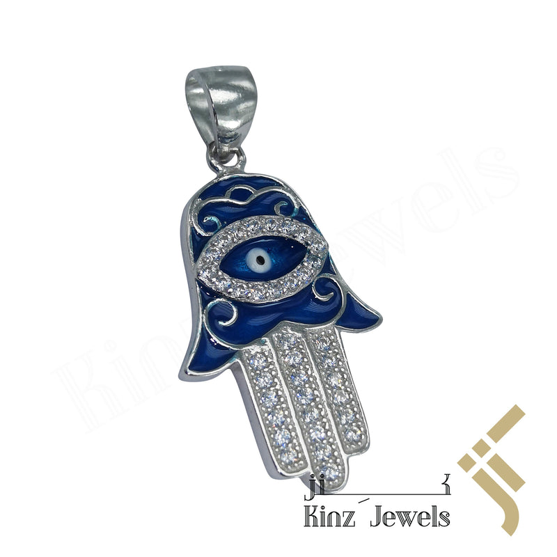Sterling Silver Hamsa Evil Eye Blue Enamel Zircon Fingers Pendant