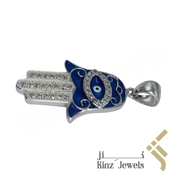 Sterling Silver Hamsa Evil Eye Blue Enamel Zircon Fingers Pendant