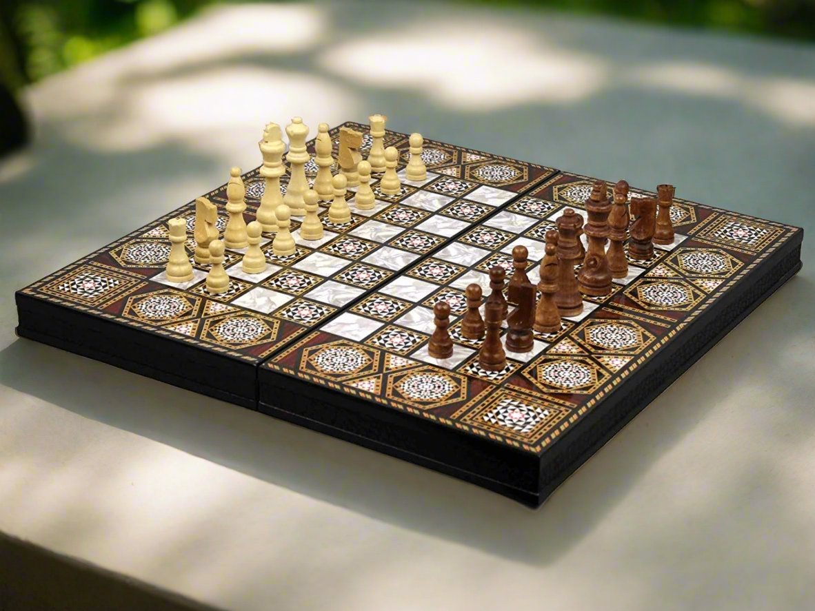 Wooden Backgammon and Chess with Stones, chips and dice