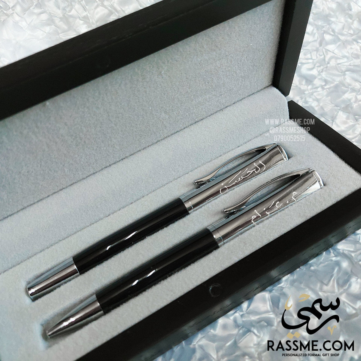 High Quality Black and Silver Pen Set With Elegant Wooden Box - Free Engraving