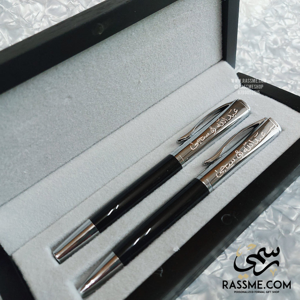 High Quality Black and Silver Pen Set With Elegant Wooden Box - Free Engraving