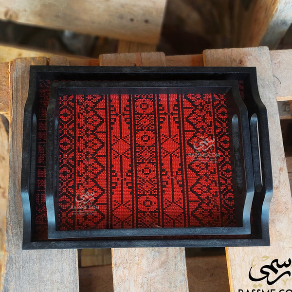 Red Embroidery Tray Set Two Pieces Glass and Wood