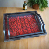 Red Embroidery Tray Set Two Pieces Glass and Wood
