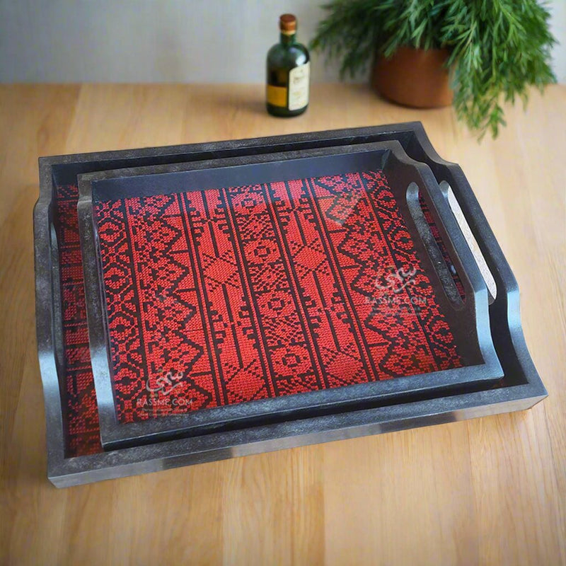 Red Embroidery Tray Set Two Pieces Glass and Wood