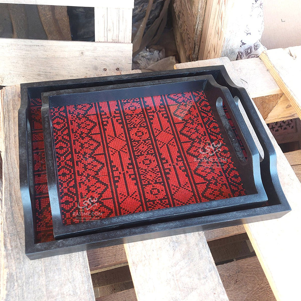 Red Embroidery Tray Set Two Pieces Glass and Wood