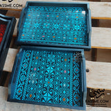 Blue Embroidery Tray Set Two Pieces Glass and Wood