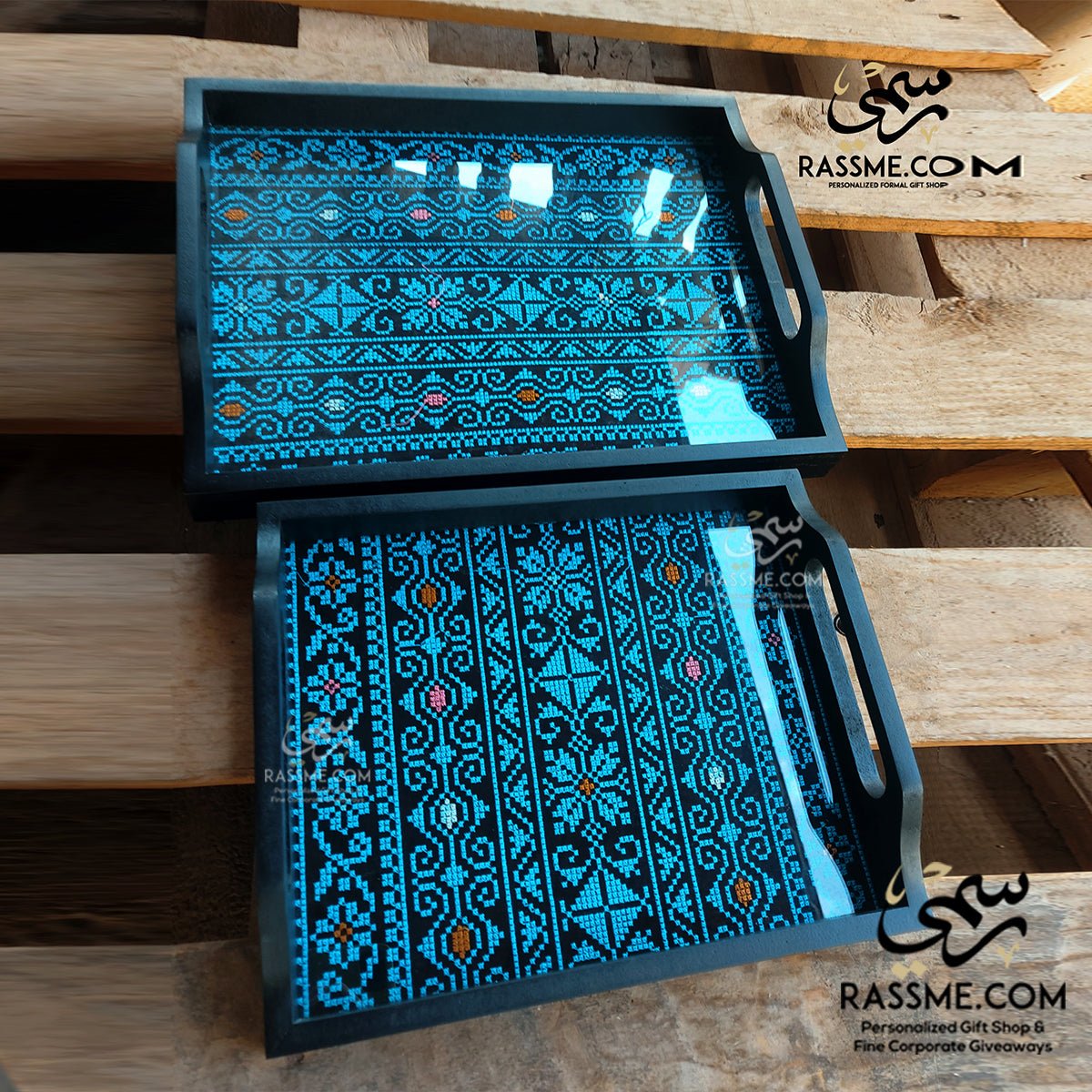 Blue Embroidery Tray Set Two Pieces Glass and Wood