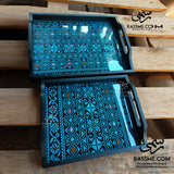 Blue Embroidery Tray Set Two Pieces Glass and Wood