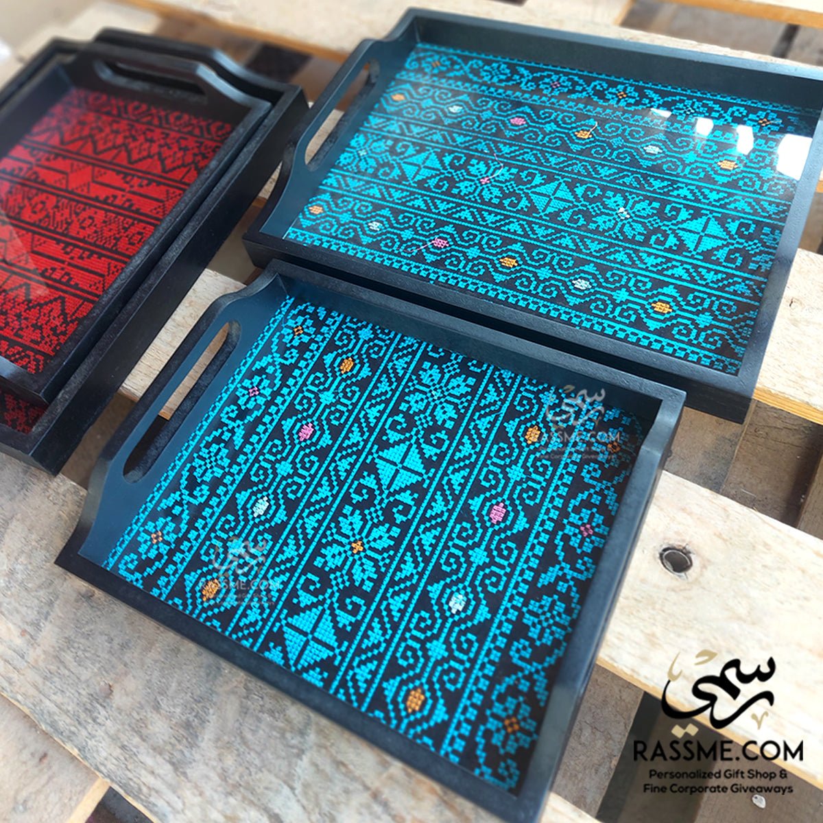 Blue Embroidery Tray Set Two Pieces Glass and Wood