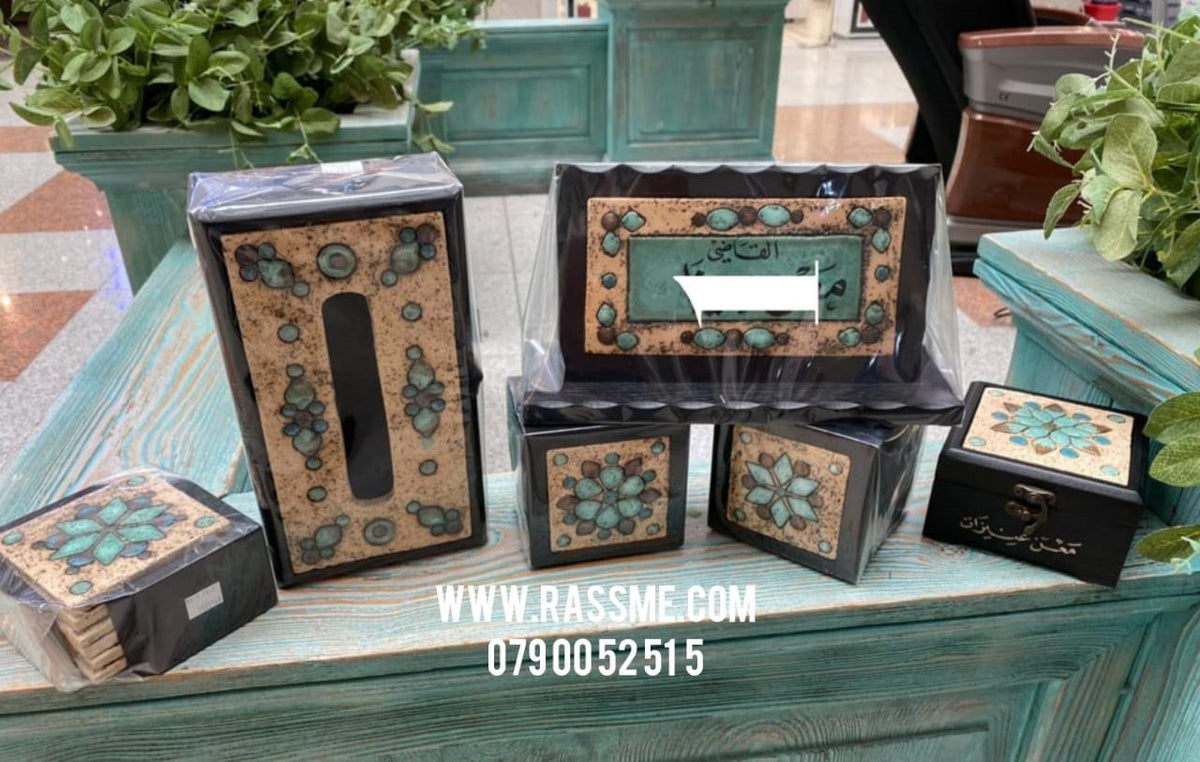 Personalized Nabatean desk accessories set with turquoise calligraphy panels