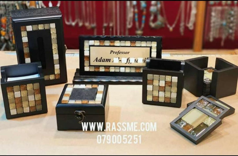 Coordinated mosaic desk name sign set with pen holders and a box