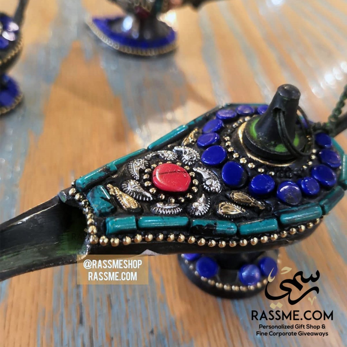 Aladdin Magical Lamp Brass & Genuine Gemstones - Free Engraving