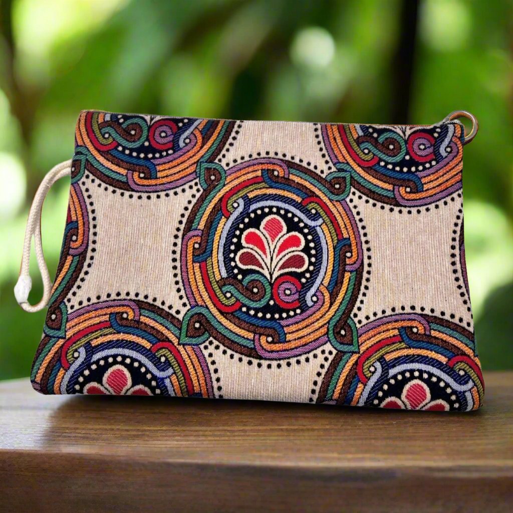 Slim Zipper Pouch with Multicolored Paisley Pattern