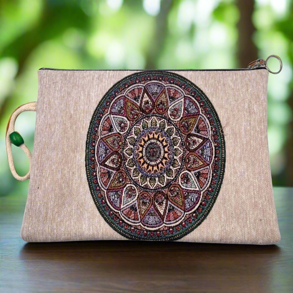 Beige Zipper Pouch with Brown Mandala Pattern