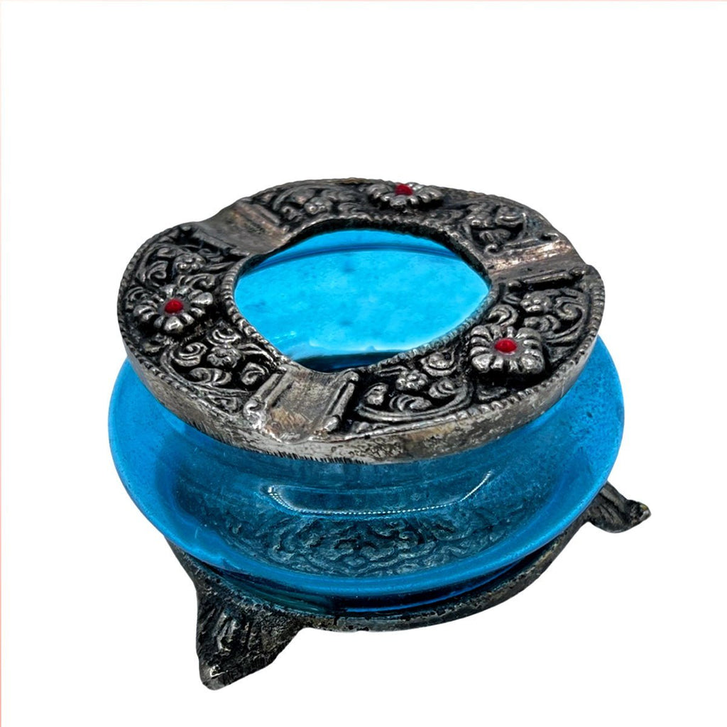 Blue Glass With Metal Ashtray