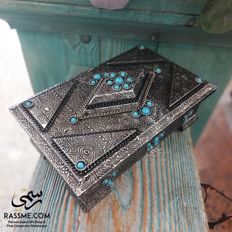 White Metal Silver Shell on Wooden Box with Turquoise Stones