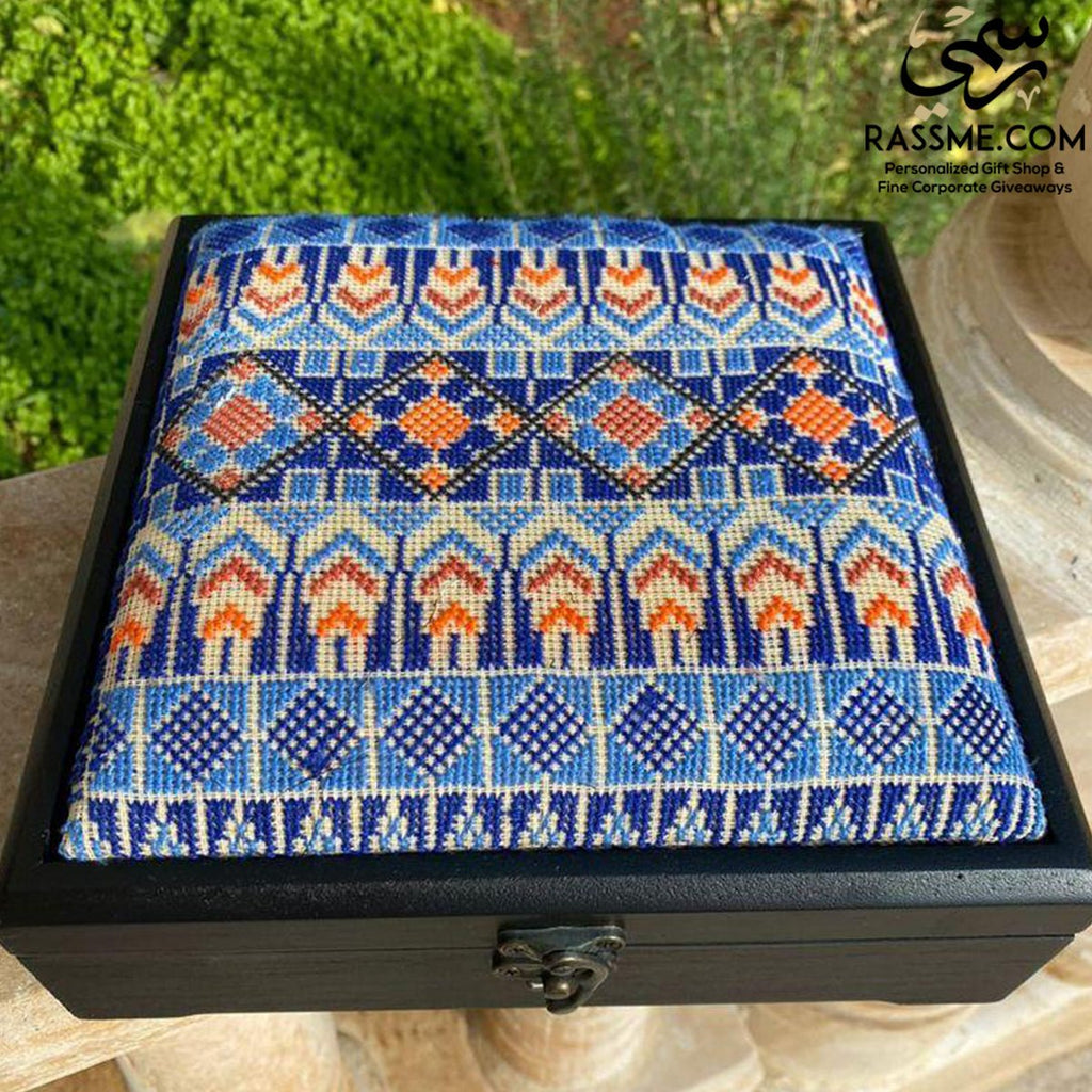 Personalized Wooden Tea Box Blue Embroidery - صندوق شاي
