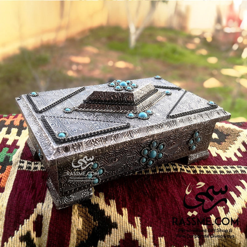 Personalized White Metal Shell on Wooden Box with Turquoises Stones