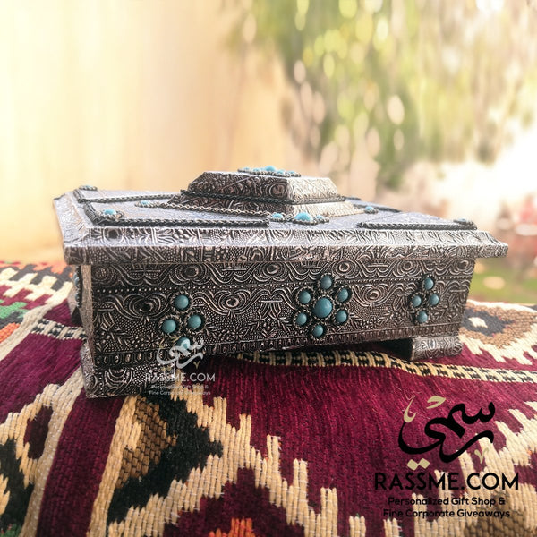 Personalized White Metal Shell on Wooden Box with Turquoises Stones