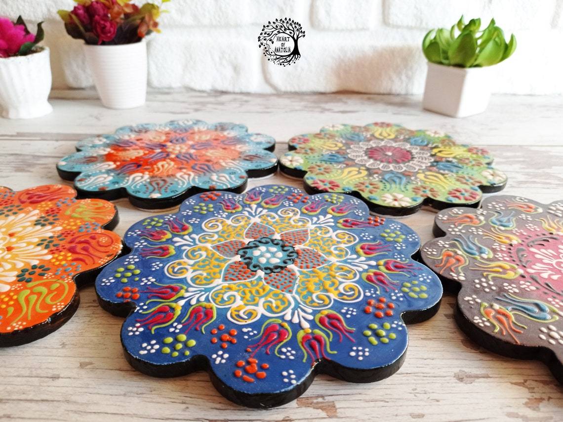 Ceramic Coaster Wall Dishes, Ceramic Tile Trivet, Hot Pad, Kitchen Decor hanging