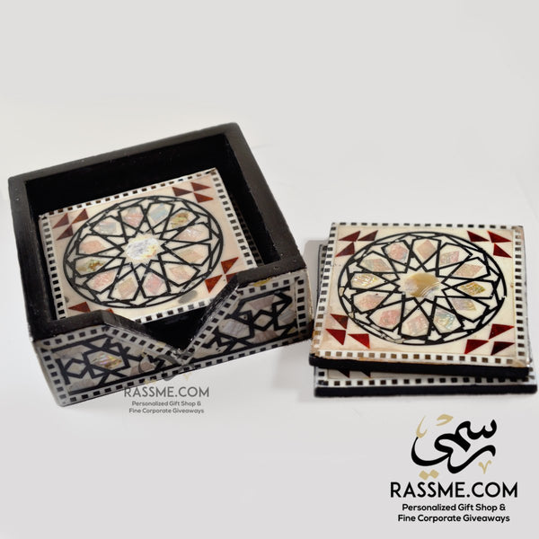 Wooden Coasters with Holder Handmade Mother of Pear Arabesque