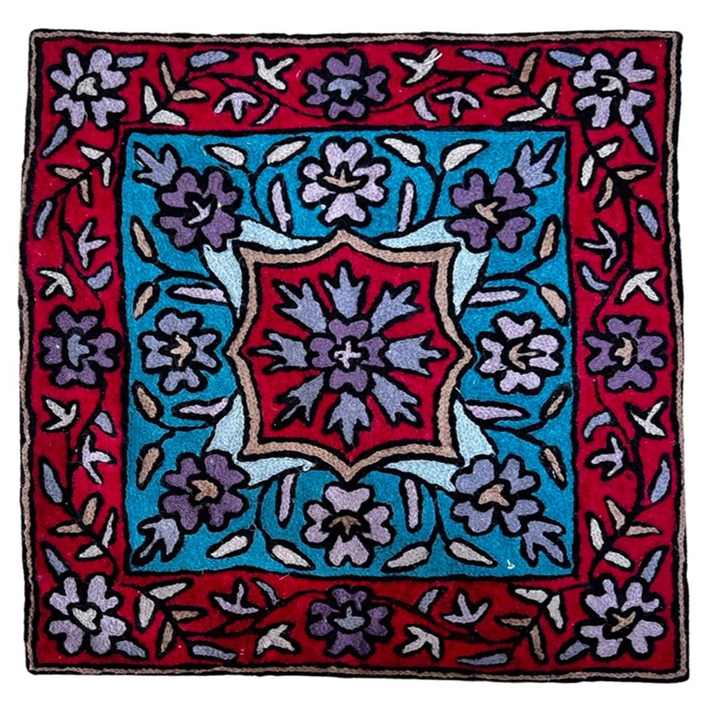 Crewel Wool Embroidered Cushion Throw Pillow Blue & Red