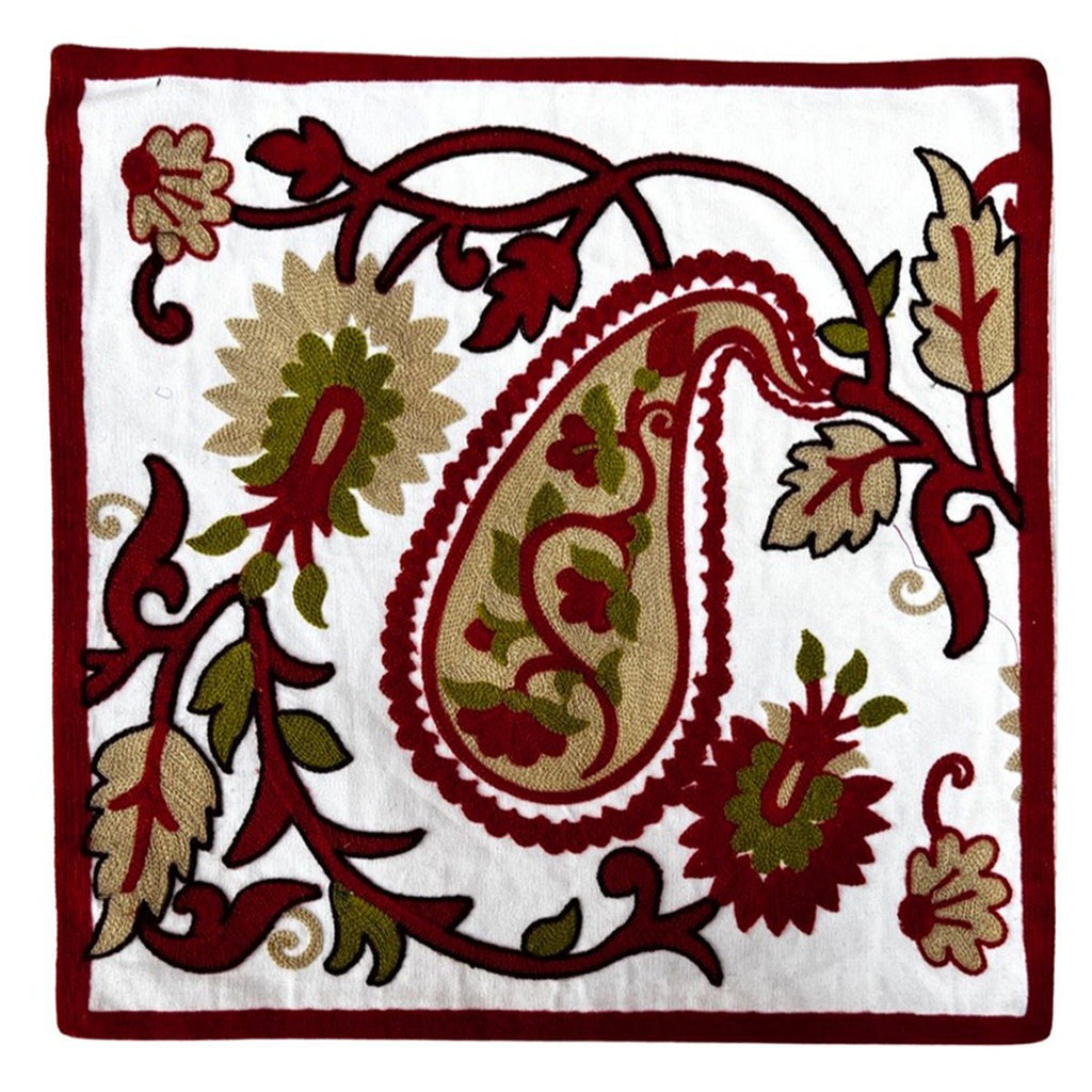 Crewel Wool Embroidered Cushion Throw Pillow Cover Wine