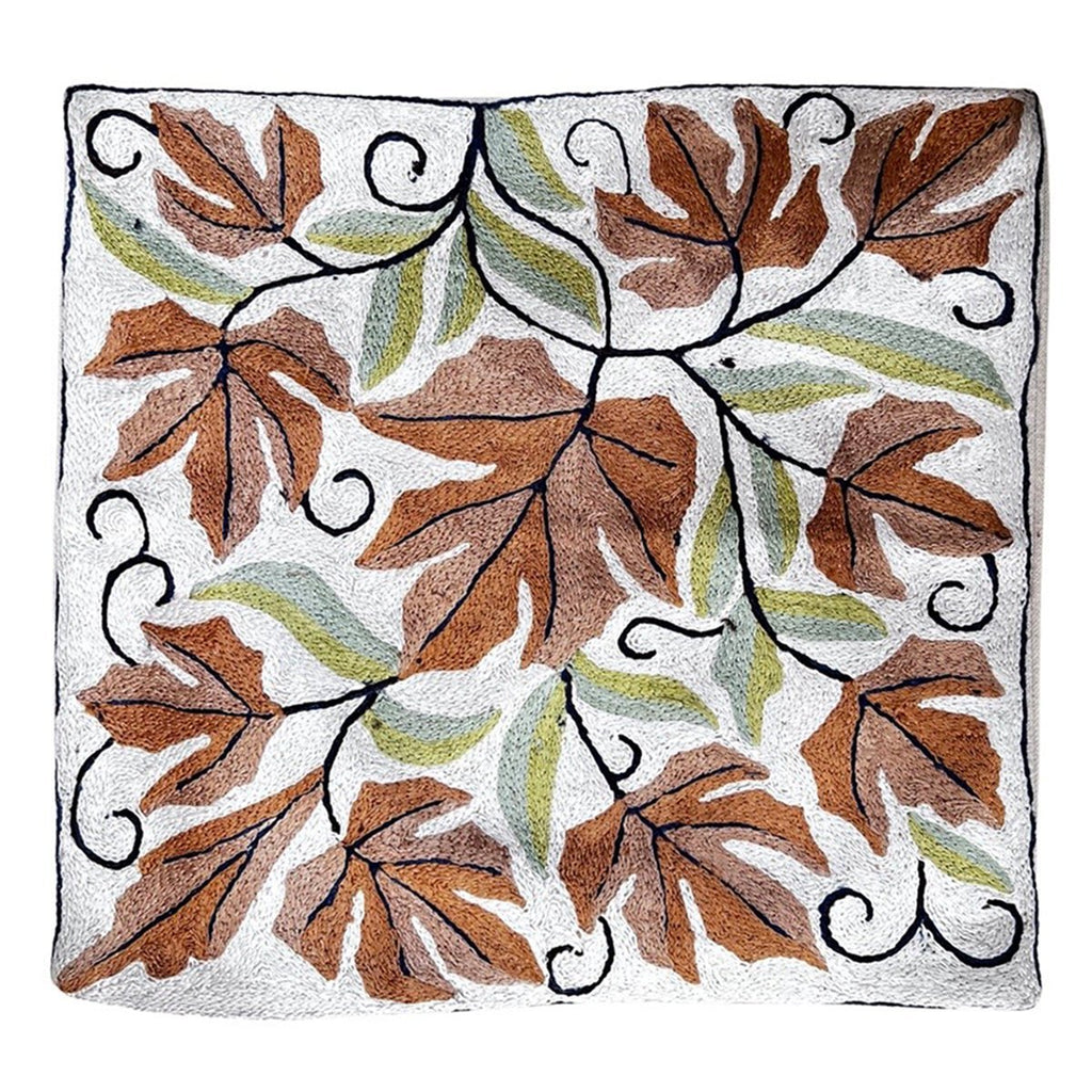 Crewel Wool Embroidered Cushion Throw Pillow Leaves