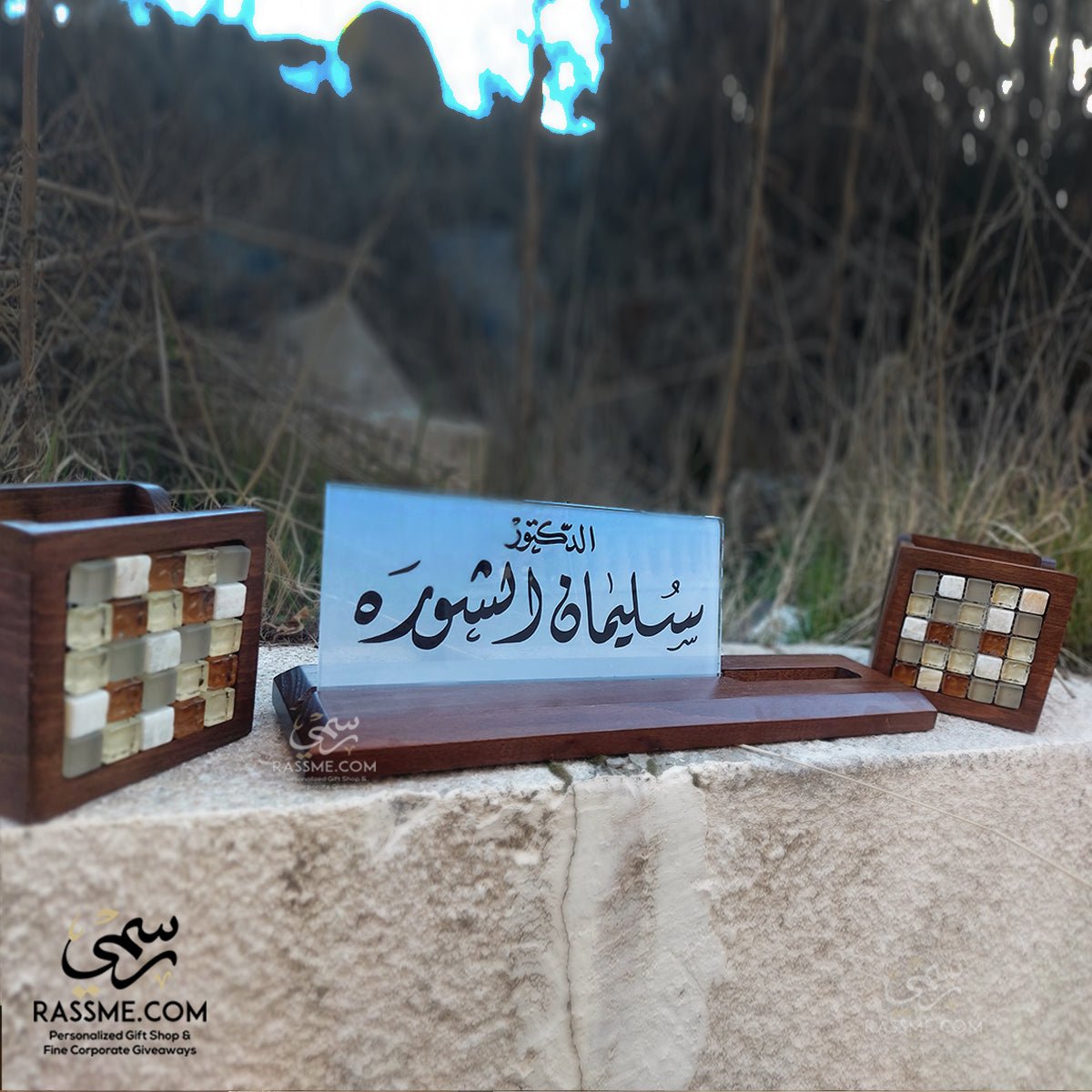 BLEACH WOOD With Glass Desk Name with card holder