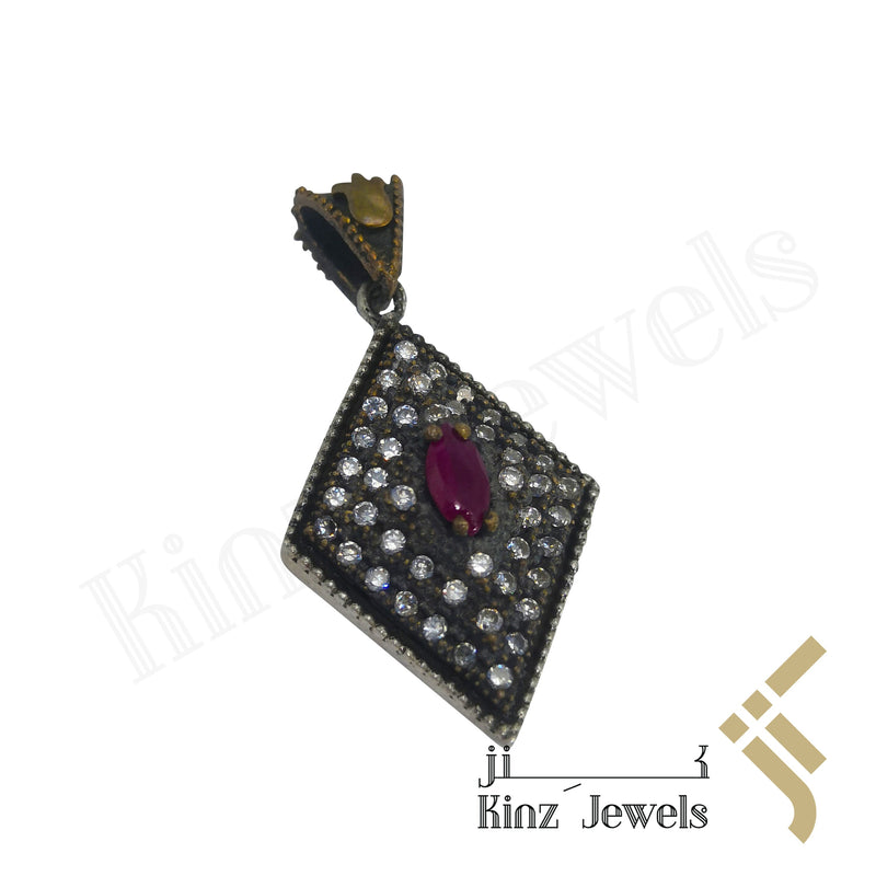 Sterling Silver Hurrem Sultan Diamond Shape Gemstones Pendant