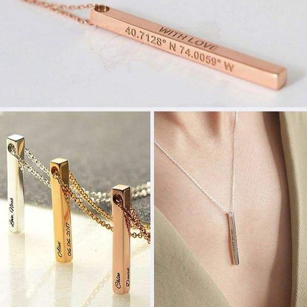 Gold Vermeil Personalized Genuine Silver 3D Vertical Bar Necklace 4 Sided