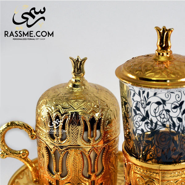 Golden Turkish Coffee Cup + Tea Cup + Tray Leaf - Made In Turkey