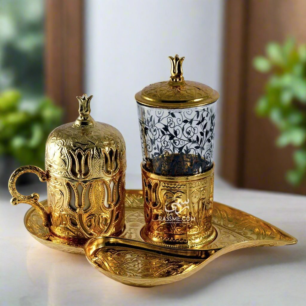 Golden Turkish Coffee Cup + Tea Cup + Tray Leaf - Made In Turkey
