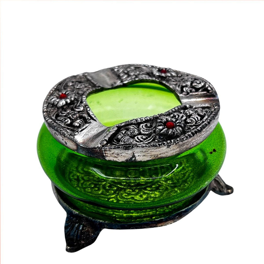 Green Glass With Metal Ashtray
