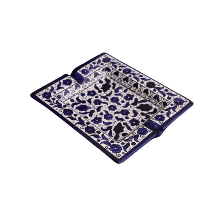 Hand Painted SQUARE Blue Ceramic Floral Ashtray Hebron Pottery