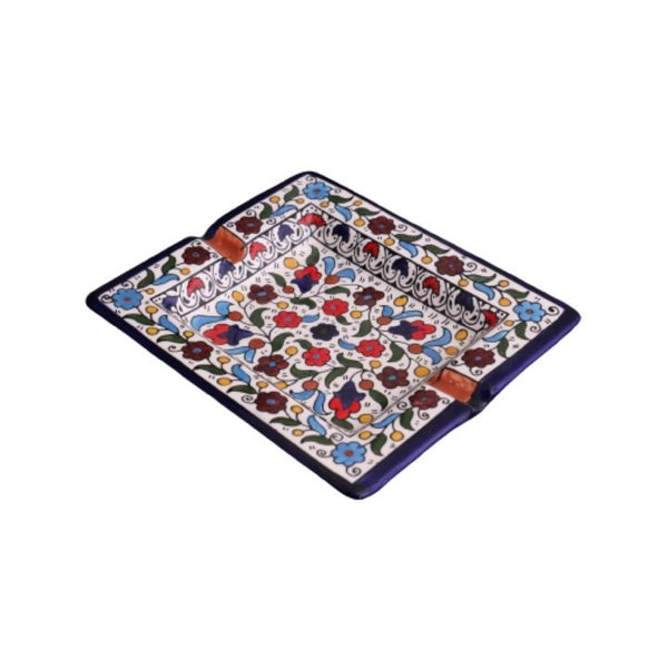 Hand Painted SQUARE Blue Ceramic Floral Ashtray Hebron Pottery