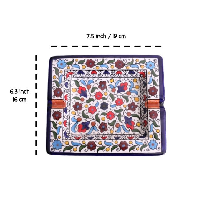 Hand Painted SQUARE Blue Ceramic Floral Ashtray Hebron Pottery